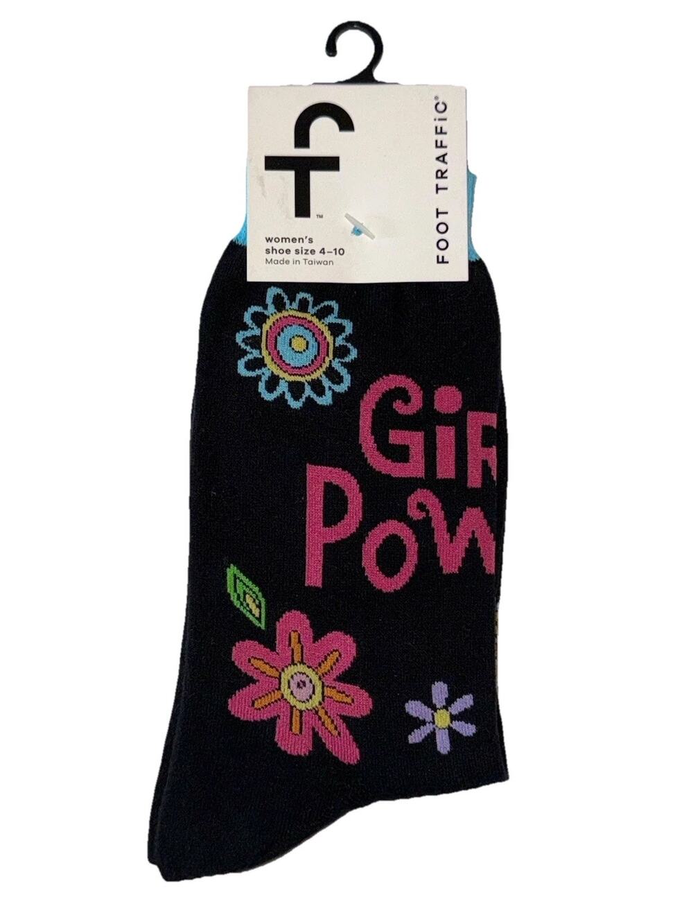 Foot Traffic Women's Girl Power Flower Print Black Pink Crew Socks Sz 4-10 NWT